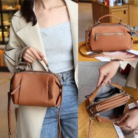 [Leather Handbag] Genuine Leather Women's Handbag | Detachable Shoulder Strap, Spacious Boston Bag for Work & Casual, Zipper Closure, Fade-Resistant, Multi-Color Options - Versatile Travel Purse, Oiledged Finish