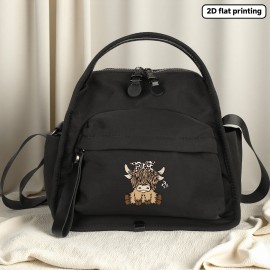 Women's Highland Cow Print Crossbody Bag with Detachable Strap - Durable Polyester Handbag with Zipper Closure, Cute Scottish Cow & Hearts Design, Beige & Brown Casual Everyday Bag for Women, 2D Flat Printing (No Fade), 2D Flat