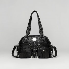 Women'S Vintage Y2K Punk Handbag with Multiple Pockets - Gothic Punk Style Tote Bag, Golden-Tone Hardware & Chain Strap, Zipper Closure, Polyester, For Everyday & Special Events - Retro Women'S Purse, Party Accessory, Edgy Fashion