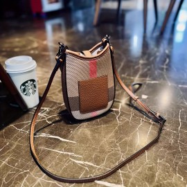 New Genuine Leather Crossbody Bag - Plaid Checkered Design, Detachable Strap & Snap Closure, Large Phone Compartment, Casual Chic Style in Caramel & Black for Everyday Use