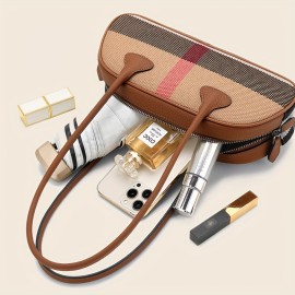 Ondy Women's Vintage Plaid & Cowhide Messenger Bag & Baguette Clutch - Caramel Brown/Black, Adjustable Strap, Zipper Closure, Nylon Lining - All-Season Commuting, Travel & Office Handbag for Women & White-Collar Workers, Cowgirl Purse, Daily Commuting Accessory, Twotone Design, Sturdy Handle Construction