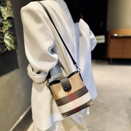 1pc Fashion Plaid Genuine Leather Bucket Bag for Women, Lightweight Shoulder Crossbody Bag with Adjustable Strap, Buckle Closure, Polyester Lined, Edge Paint Detail - Versatile for Casual and Occasion Use