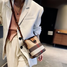 1pc Fashion Plaid Genuine Leather Bucket Bag for Women, Lightweight Shoulder Crossbody Bag with Adjustable Strap, Buckle Closure, Polyester Lined, Edge Paint Detail - Versatile for Casual and Occasion Use