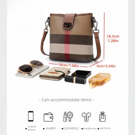 1pc Fashion Plaid Genuine Leather Bucket Bag for Women, Lightweight Shoulder Crossbody Bag with Adjustable Strap, Buckle Closure, Polyester Lined, Edge Paint Detail - Versatile for Casual and Occasion Use