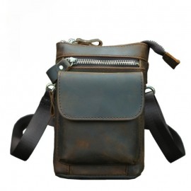 Genuine Leather Men's Waist Bag - Anti-Theft 7-Inch Phone Crossbody Bag with Adjustable Strap, Large Capacity & Hook Closure, Casual Outdoor Sports & Daily Commute Bag for Men, Leather Crossbody Bag, Vintage Leather Look, Secure Zipper Closure