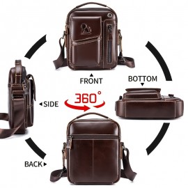1pc Fashion Genuine Leather Men'S Crossbody Bag, Adjustable Shoulder Strap, Multi-Compartment Satchel with Top Handle, Zipper Closure, Non-Washable, for Outings - Dark Brown