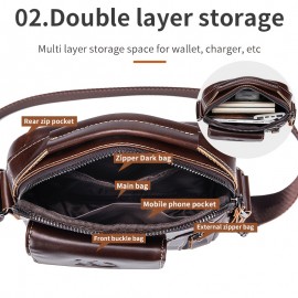 1pc Fashion Genuine Leather Men'S Crossbody Bag, Adjustable Shoulder Strap, Multi-Compartment Satchel with Top Handle, Zipper Closure, Non-Washable, for Outings - Dark Brown