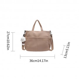 Machine Washable Large Capacity Corduroy Shoulder Bag - Adjustable Strap, Zip Closure - Ideal for Daily Commute and School