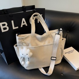Machine Washable Large Capacity Corduroy Shoulder Bag - Adjustable Strap, Zip Closure - Ideal for Daily Commute and School