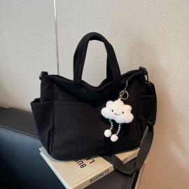 Machine Washable Large Capacity Corduroy Shoulder Bag - Adjustable Strap, Zip Closure - Ideal for Daily Commute and School