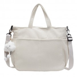 Machine Washable Large Capacity Corduroy Shoulder Bag - Adjustable Strap, Zip Closure - Ideal for Daily Commute and School