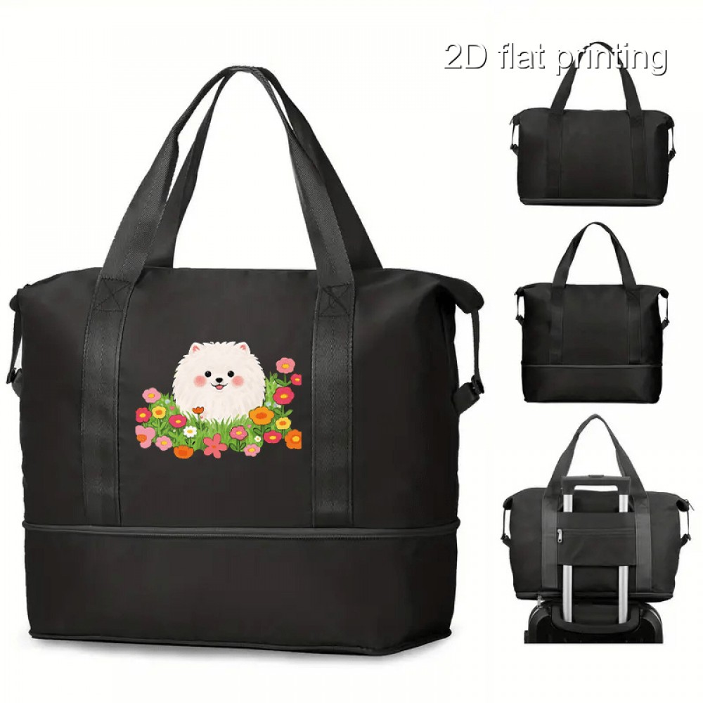 1pc Men's Stylish Large Capacity Yoga Gym Tote Bag with Pomeranian & Floral Design, Wet/Dry Separation, Black Fabric Handbag for Daily Use & Fitness