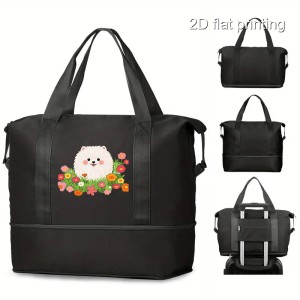 1pc Men's Stylish Large Capacity Yoga Gym Tote Bag with Pomeranian & Floral Design, Wet/Dry Separation, Black Fabric Handbag for Daily Use & Fitness