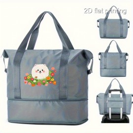 1pc Men's Stylish Large Capacity Yoga Gym Tote Bag with Pomeranian & Floral Design, Wet/Dry Separation, Black Fabric Handbag for Daily Use & Fitness