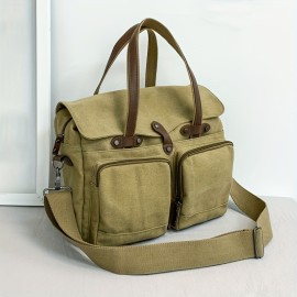 Large Capacity Canvas Multi Pockets Retro Casual Flip Handheld Bag, Fashionable Men's One Shoulder Tote Bag & Durable Backpack for Short-term Travel and Camping