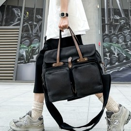 Large Capacity Canvas Multi Pockets Retro Casual Flip Handheld Bag, Fashionable Men's One Shoulder Tote Bag & Durable Backpack for Short-term Travel and Camping