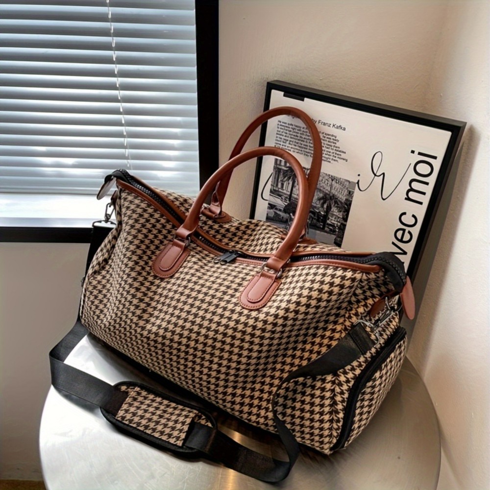 Large Capacity Houndstooth Pattern Sports Bag, Versatile Travel Luggage Handbag, Trendy Overnight Bag