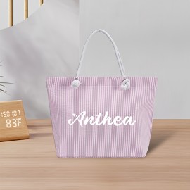 Women's Customizable Personalized Name/Text Handbag - Large Capacity Lightweight Tote Bag with Zip Closure, Pastel Pink (Custom Colors available) - for Commuting, Travel, Work, Everyday Use - Ideal Gift, Sturdy Shoulder Straps, Quality Fabric Construction, Fashion Stripes, Reinforced Stitching, Fashion Lovers