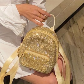 Acrylic Rhinestone Backpack for Women, Sparkling Diamond Pattern, Elegant Casual School Bookbag, Durable Zipper Closure, Solid Color, Lining, Do Not Wash - Black/Golden