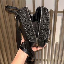 Acrylic Rhinestone Backpack for Women, Sparkling Diamond Pattern, Elegant Casual School Bookbag, Durable Zipper Closure, Solid Color, Lining, Do Not Wash - Black/Golden