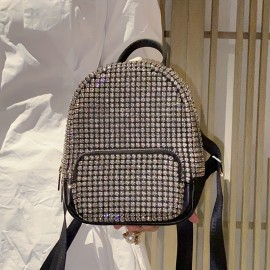 Acrylic Rhinestone Backpack for Women, Sparkling Diamond Pattern, Elegant Casual School Bookbag, Durable Zipper Closure, Solid Color, Lining, Do Not Wash - Black/Golden