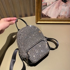 Acrylic Rhinestone Backpack for Women, Sparkling Diamond Pattern, Elegant Casual School Bookbag, Durable Zipper Closure, Solid Color, Lining, Do Not Wash - Black/Golden