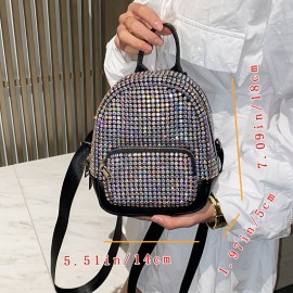 Acrylic Rhinestone Backpack for Women, Sparkling Diamond Pattern, Elegant Casual School Bookbag, Durable Zipper Closure, Solid Color, Lining, Do Not Wash - Black/Golden