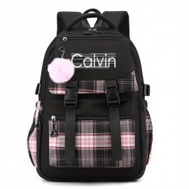 Calvin Inspired Backpack - Large Capacity School, Travel, Work Bag with Ergonomic Padded Straps, Multiple Compartments, Zipper Closure - Durable Nylon Backpack for Women & Men, Everyday Commute, College, Business - Available in Pink, Blue, Black - Machine Washable, Backpack for Travel, College Essentials, Geometric Pattern, Sturdy Construction, Versatile Carryall, Daily Commuters, Casual Style, Highquality Fabric, Office Workers, Women'S Backpack, Small Backpack For Volleyball, Jt