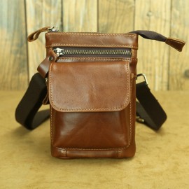 Genuine Leather Men's Waist Bag - Anti-Theft 7-Inch Phone Crossbody Bag with Adjustable Strap, Large Capacity & Hook Closure, Casual Outdoor Sports & Daily Commute Bag for Men, Leather Crossbody Bag, Vintage Leather Look, Secure Zipper Closure