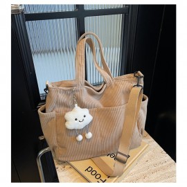 Machine Washable Large Capacity Corduroy Shoulder Bag - Adjustable Strap, Zip Closure - Ideal for Daily Commute and School