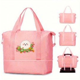 1pc Men's Stylish Large Capacity Yoga Gym Tote Bag with Pomeranian & Floral Design, Wet/Dry Separation, Black Fabric Handbag for Daily Use & Fitness