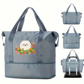 1pc Men's Stylish Large Capacity Yoga Gym Tote Bag with Pomeranian & Floral Design, Wet/Dry Separation, Black Fabric Handbag for Daily Use & Fitness