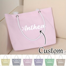 Women's Customizable Personalized Name/Text Handbag - Large Capacity Lightweight Tote Bag with Zip Closure, Pastel Pink (Custom Colors available) - for Commuting, Travel, Work, Everyday Use - Ideal Gift, Sturdy Shoulder Straps, Quality Fabric Construction, Fashion Stripes, Reinforced Stitching, Fashion Lovers