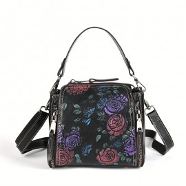 [Floral Leather Crossbody] Vintage Floral Embossed Genuine Leather Women’s Crossbody Bag - Adjustable Strap, Lightweight, Zip Closure, Lined, Brown/Green, Intricate Red Rose & Green Leaf Design, Multiple Compartments, Urban Style Accessory | Embossed Leather Bag | Genuine