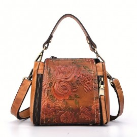 [Floral Leather Crossbody] Vintage Floral Embossed Genuine Leather Women’s Crossbody Bag - Adjustable Strap, Lightweight, Zip Closure, Lined, Brown/Green, Intricate Red Rose & Green Leaf Design, Multiple Compartments, Urban Style Accessory | Embossed Leather Bag | Genuine
