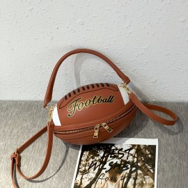 Fashion Football Shaped Handbag, Sports Theme Crossbody Bag with Adjustable Strap, Lightweight Zippered Tote with Polyester Lining, Positioning Print, Edge Paint Detail - Available in Black, White, Light Brown, Earthy Yellow