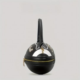 Fashion Football Shaped Handbag, Sports Theme Crossbody Bag with Adjustable Strap, Lightweight Zippered Tote with Polyester Lining, Positioning Print, Edge Paint Detail - Available in Black, White, Light Brown, Earthy Yellow