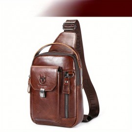 Men'S Genuine Leather Chest Bag - Adjustable Strap, Multiple Compartments for iPad & Tablets, Casual Crossbody Design for Daily Commute & Work, Leather Purse