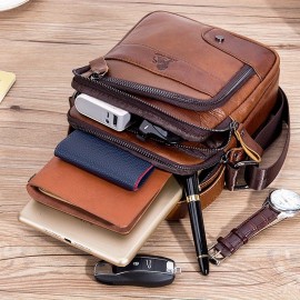 [Genuine Leather Crossbody Bag] Niu Genuine Leather Crossbody Bag with Adjustable Shoulder Strap, Double Compartment Design - Premium Top-Grain Leather, Multiple Zipper Pockets & Ergonomic Padded Back - Stylish Unisex Bag for Daily Commute, Valentine's Day, Father's Day Gifts (Deep Brown), Best for Christmas