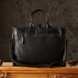 Men'S Genuine Leather Briefcase - Vintage Large Capacity Shoulder Bag with Adjustable Strap, Black & Brown, Durable for Business, Commuting, and Everyday Use, Commuting Accessory | Vintage Style Bag | Genuine Leather Bag, Large Capacity Bag, Small Briefcase For Men, Laptop Bag For Men