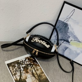 Fashion Football Shaped Handbag, Sports Theme Crossbody Bag with Adjustable Strap, Lightweight Zippered Tote with Polyester Lining, Positioning Print, Edge Paint Detail - Available in Black, White, Light Brown, Earthy Yellow