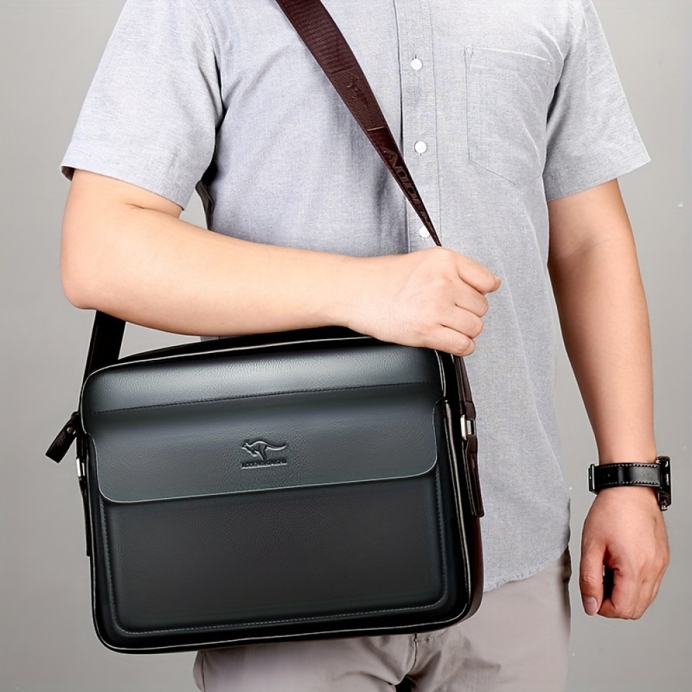 Men's Black Synthetic Leather Business Shoulder Bag with Adjustable Strap, iPad & A4 File Compartment, Multiple Zippered Pockets, Golden-Tone Hardware, Ideal for Office Use, Professional Gear Bag | Stylish Men's Bag | Textured Finish