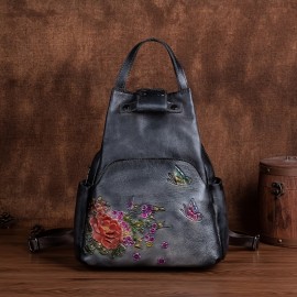 Vintage-Inspired Large Capacity Black Leather Backpack with Floral & Butterfly Design - Adjustable Strap, Zipper Closure, Polyester Lining, Urban Style, Trendy Fashion Backpack|Vintageinspired Backpack|Durable Backpack